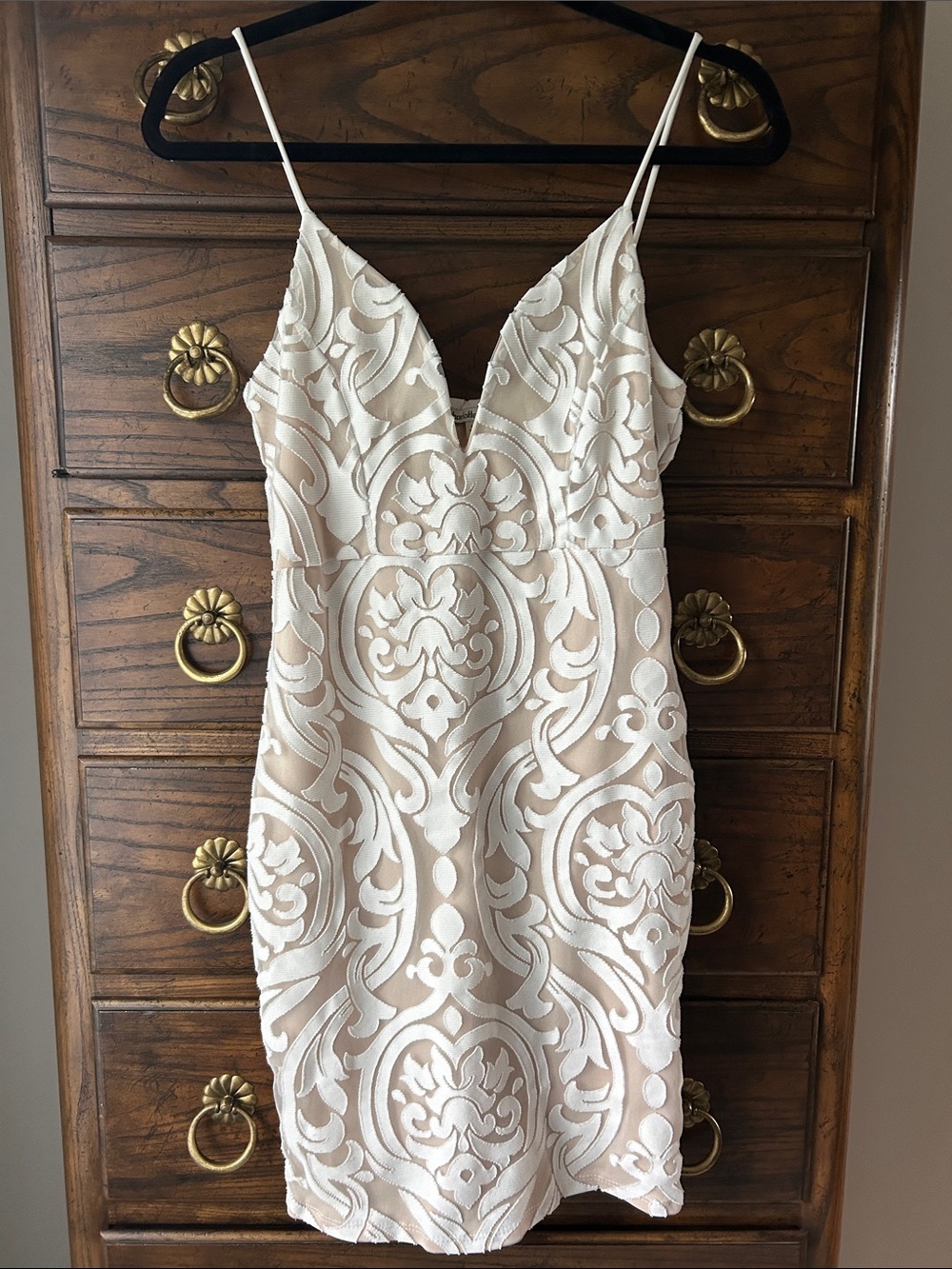 Charlotte Russe Ivory Lace Appliqué Mini Dress with Nude Underlay, Size M